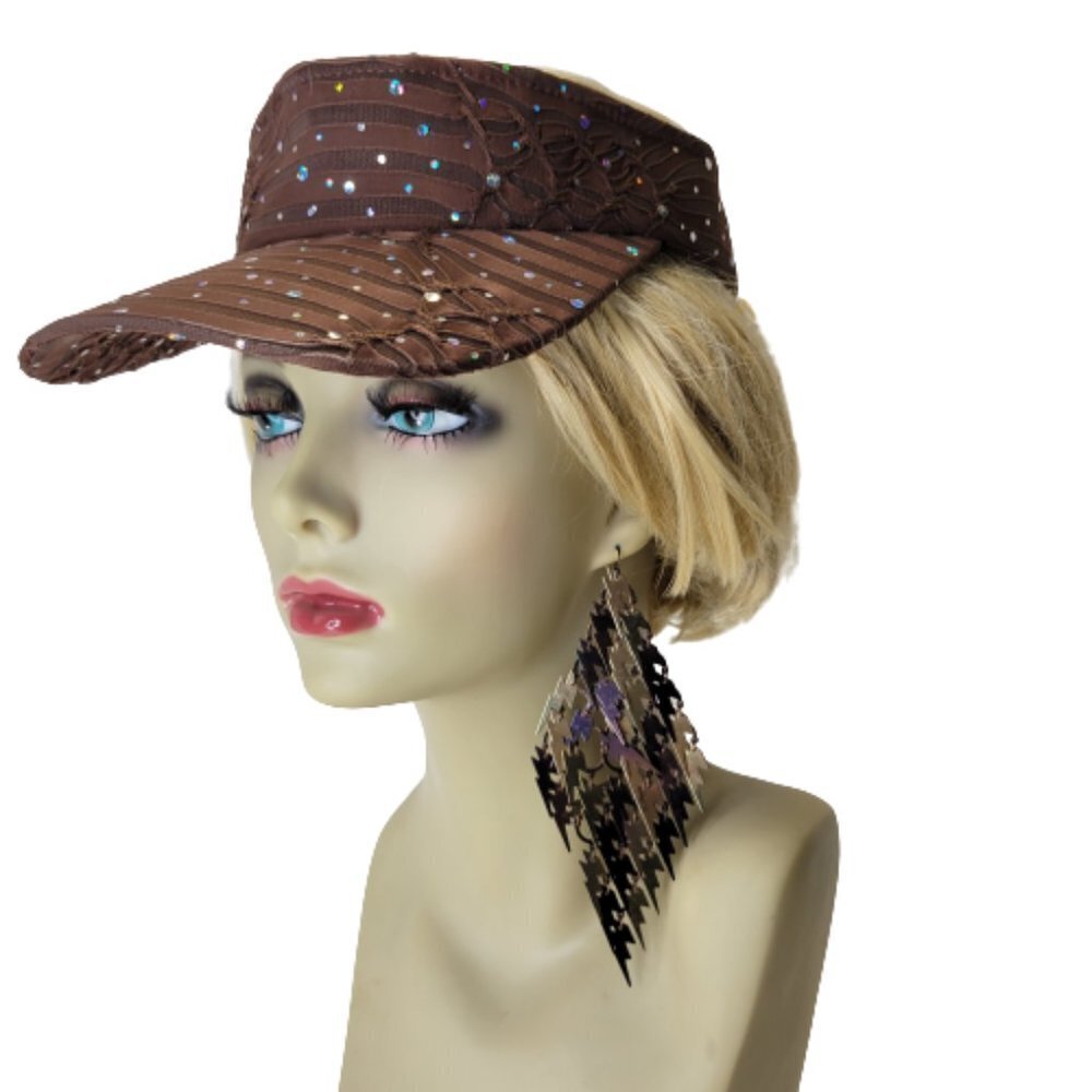 LADIES Fashion Glitter Sequin  Velcro Brown Visor Golf Travel Cap Headwear